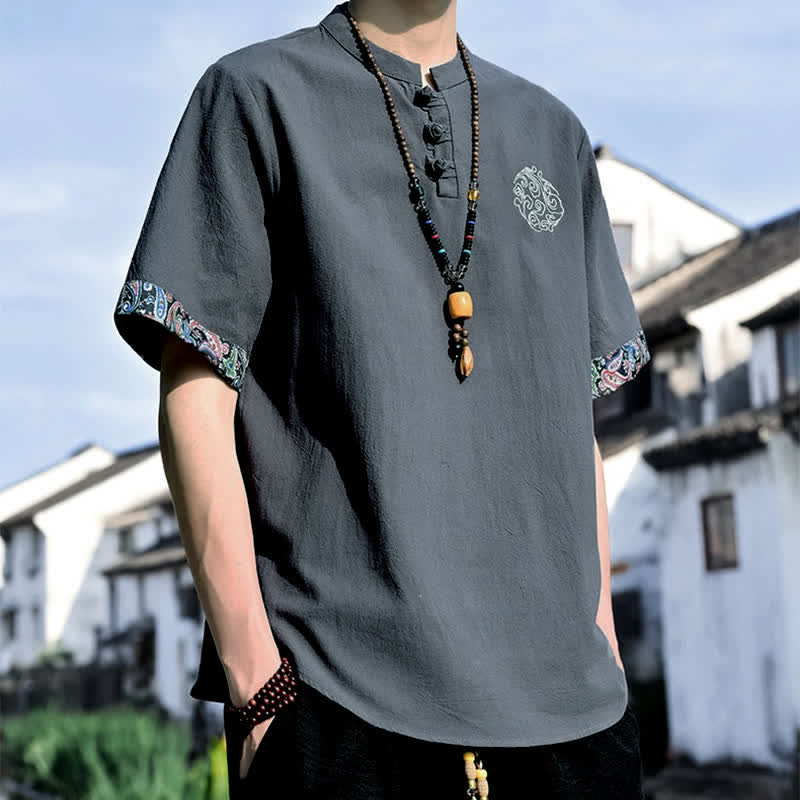Buddha Stones Summer Tang Style Casual Frog Button Embroidery Men's Short Sleeve Shirts - image 5