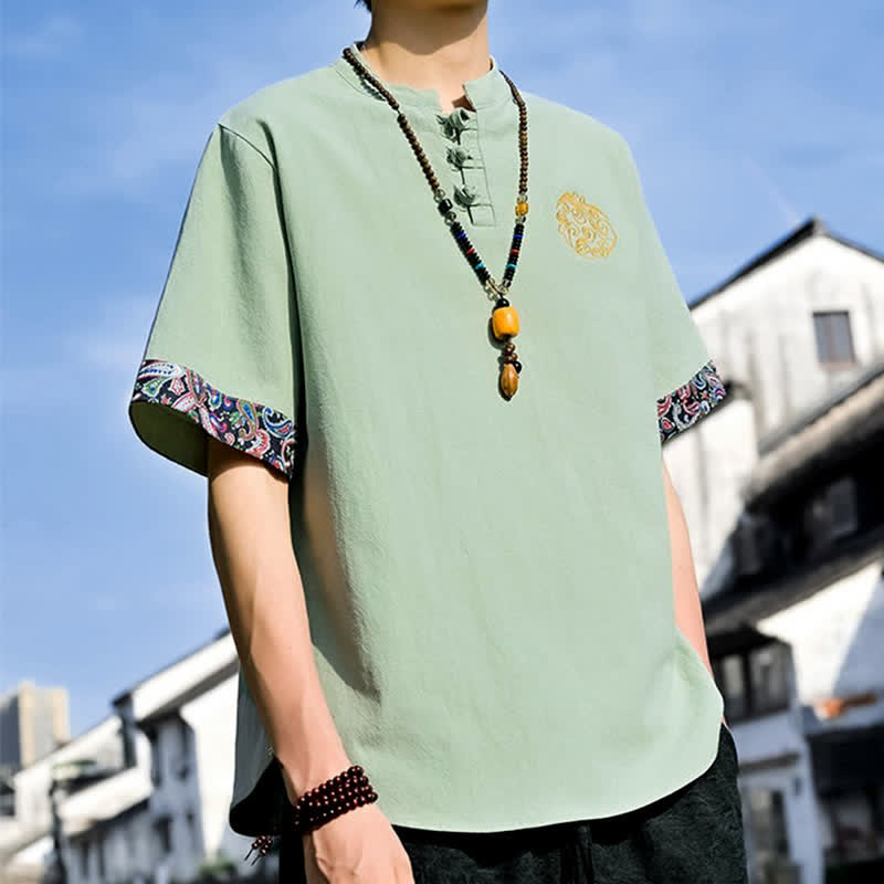 Buddha Stones Summer Tang Style Casual Frog Button Embroidery Men's Short Sleeve Shirts - image 24
