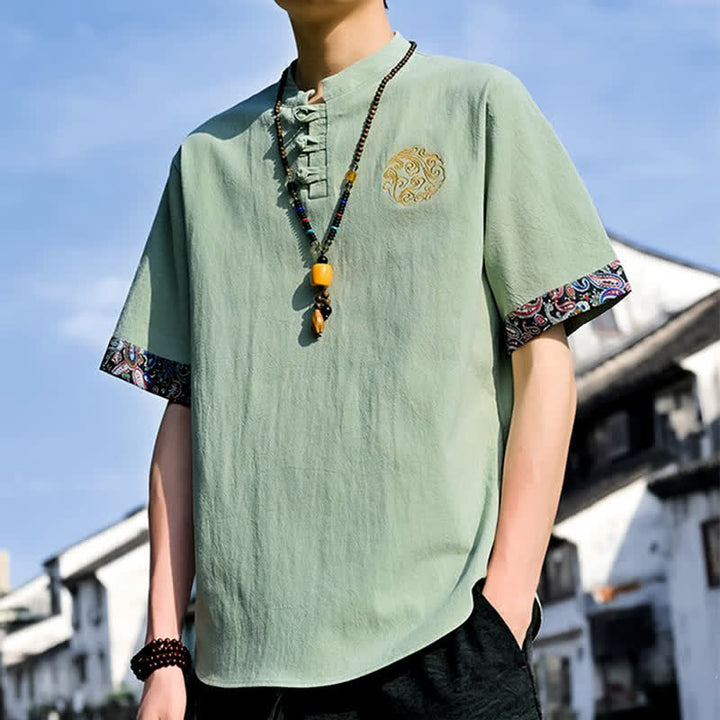 Buddha Stones Summer Tang Style Casual Frog Button Embroidery Men's Short Sleeve Shirts - image 26