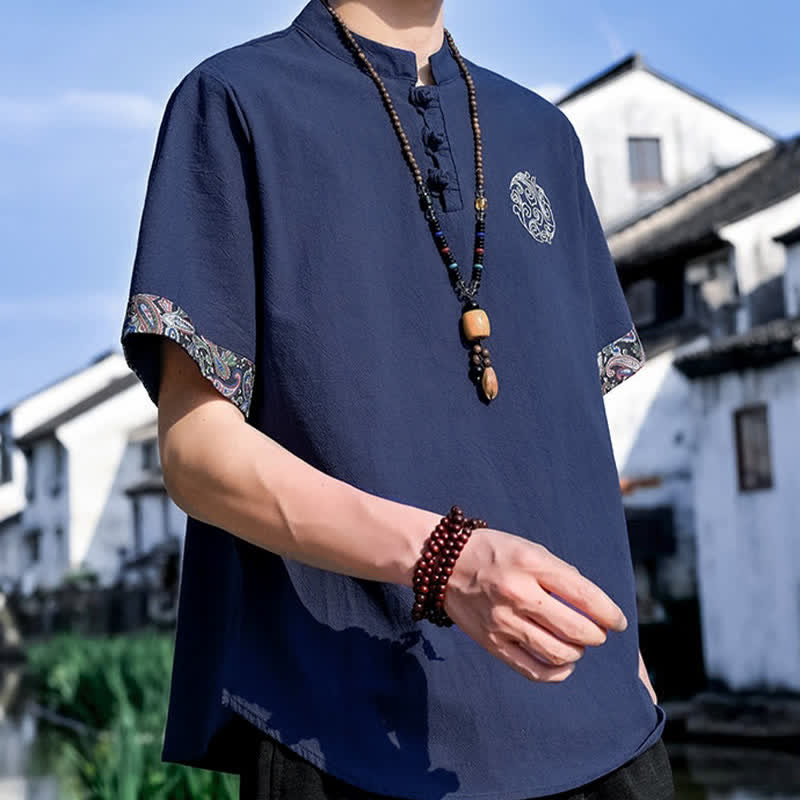 Buddha Stones Summer Tang Style Casual Frog Button Embroidery Men's Short Sleeve Shirts - image 18