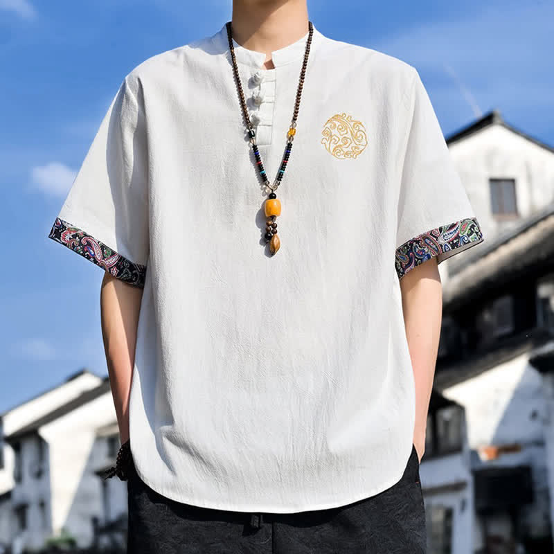 Buddha Stones Summer Tang Style Casual Frog Button Embroidery Men's Short Sleeve Shirts - image 33