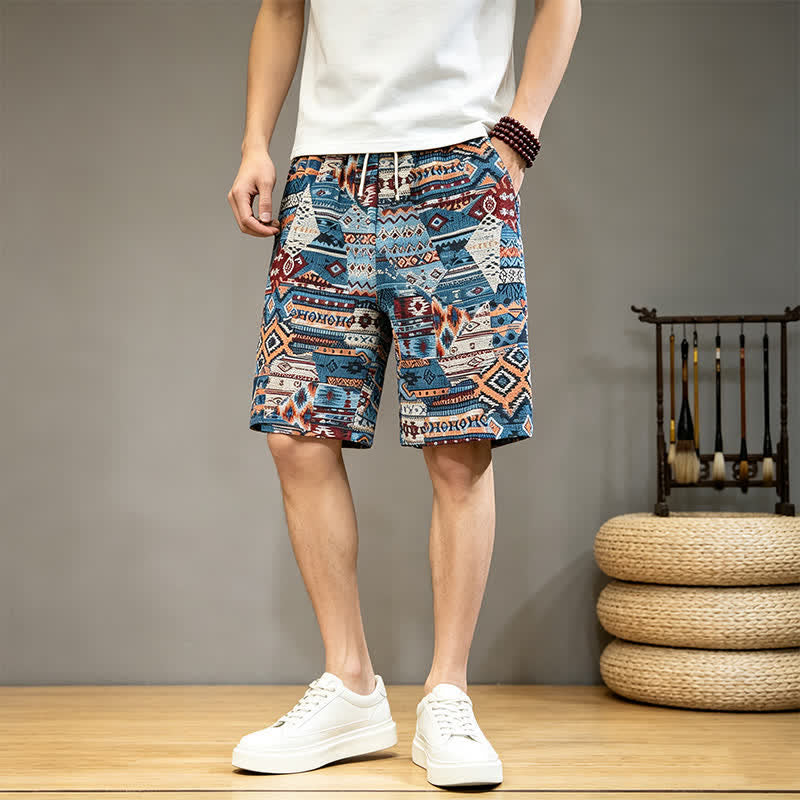 Buddha Stones Summer Casual Boho Drawstring Geometric Men's Shorts With Pockets - SteelBlue - US/UK/AU46, EU56 (5XL) - image 0