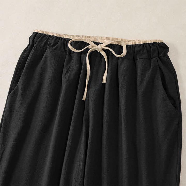 Buddha Stones Minimal Contrast Trim Pattern Cotton Linen Women's Elastic Waist Pants With Pockets - image 7