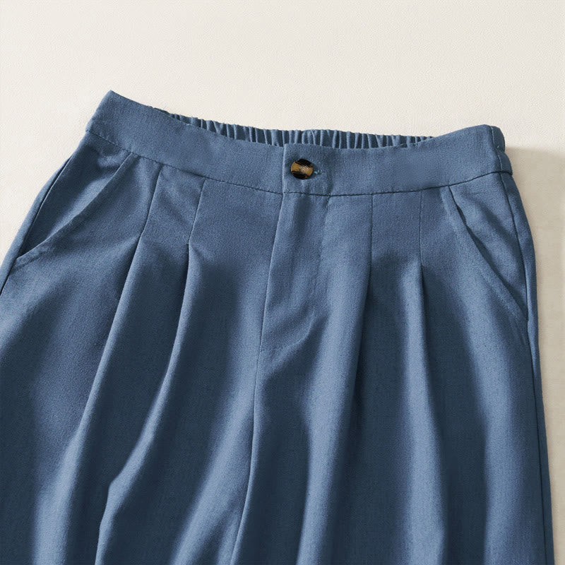 Buddha Stones Summer Elegant Solid Elastic Waist Button Zipper Design Cotton Linen Long Pants Women's Wide Leg Pants With Pockets - image 1