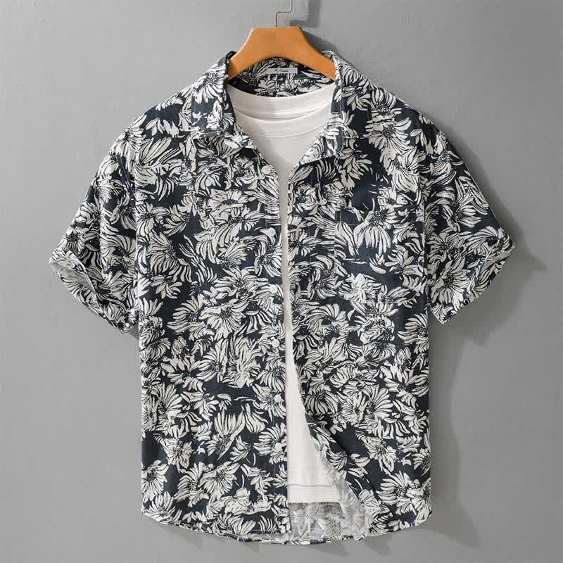 Buddha Stones Summer Casual Button-Up Sunflower Floral Men's Short Sleeve Shirts With Patch Pocket - SteelBlue - US/UK/AU44，EU54 (3XL) - image 0