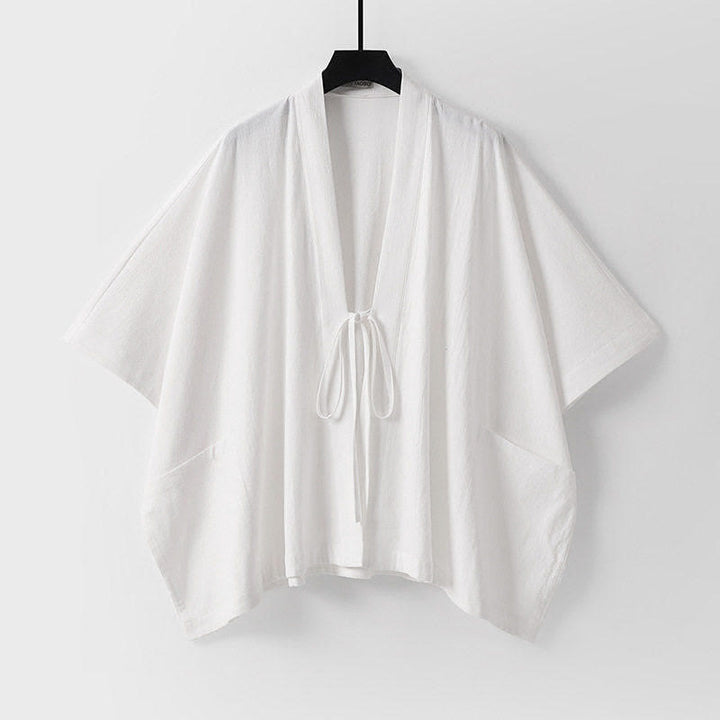 Buddha Stones Summer Minimalist Drawstring Lace-up Solid Short Sleeve Men's Kimono With Pockets - White - US/UK/AU40, EU50 (L) - image 13