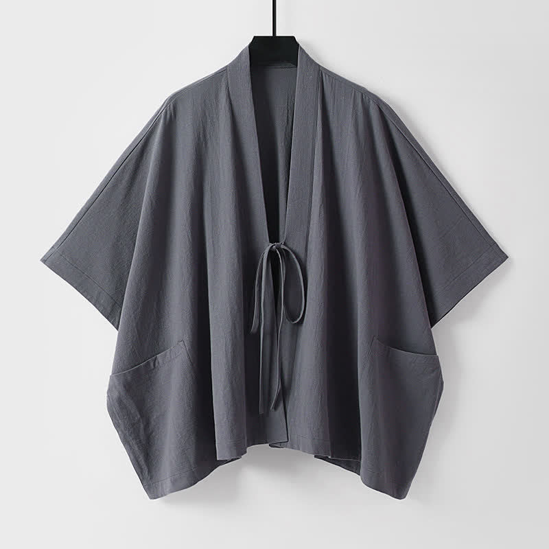 Buddha Stones Summer Minimalist Drawstring Lace-up Solid Short Sleeve Men's Kimono With Pockets - DimGray - US/UK/AU40, EU50 (L) - image 0