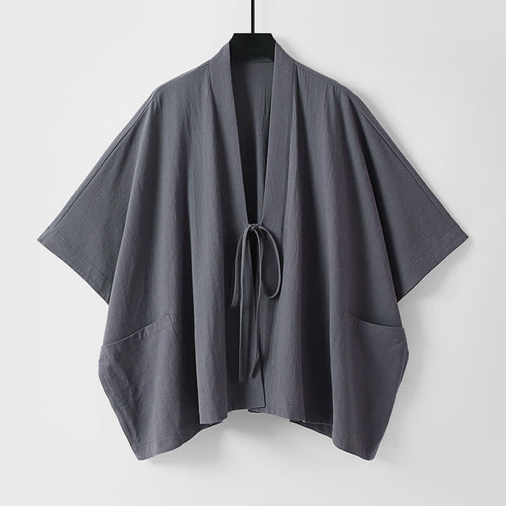Buddha Stones Summer Minimalist Drawstring Lace-up Solid Short Sleeve Men's Kimono With Pockets - DimGray - US/UK/AU40, EU50 (L) - image 0