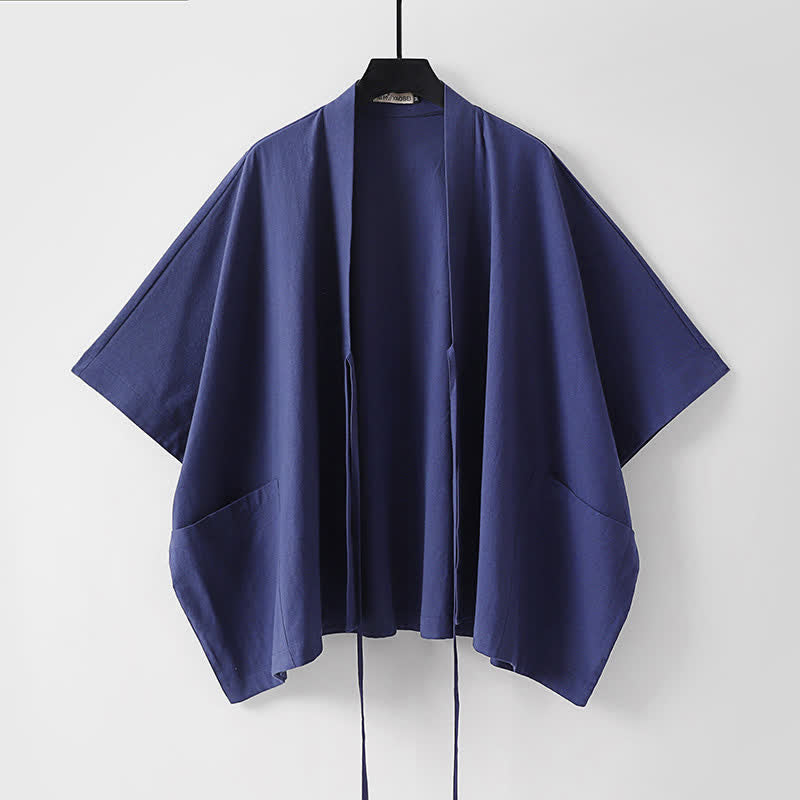 Buddha Stones Summer Minimalist Drawstring Lace-up Solid Short Sleeve Men's Kimono With Pockets - image 5