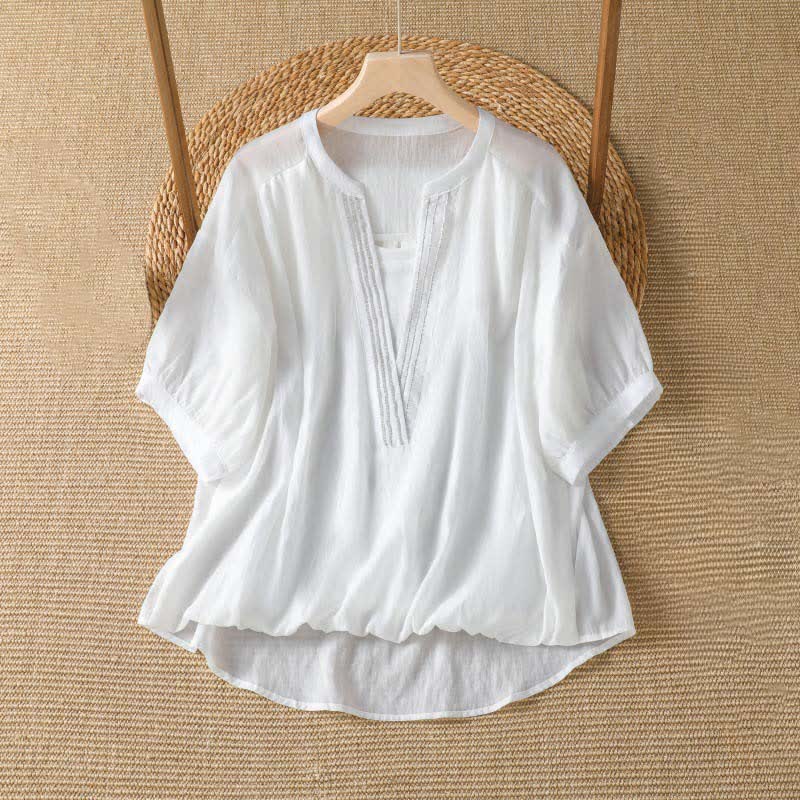 Buddha Stones Summer Casual Simple Solid V-Neck Lines Women's Short Sleeve T-Shirts - White - US8-10, UK/AU12-14, EU40-42 (2XL) - image 3