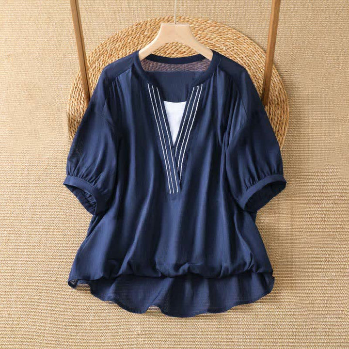 Buddha Stones Summer Casual Simple Solid V-Neck Lines Women's Short Sleeve T-Shirts - Navy - US8-10, UK/AU12-14, EU40-42 (2XL) - image 0