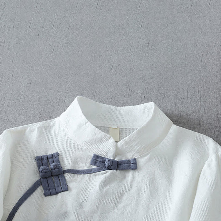 Buddha Stones Summer Tang Style Minimalist Mandarin Collar Frog Button Solid Women's Short Sleeve Shirts - image 9
