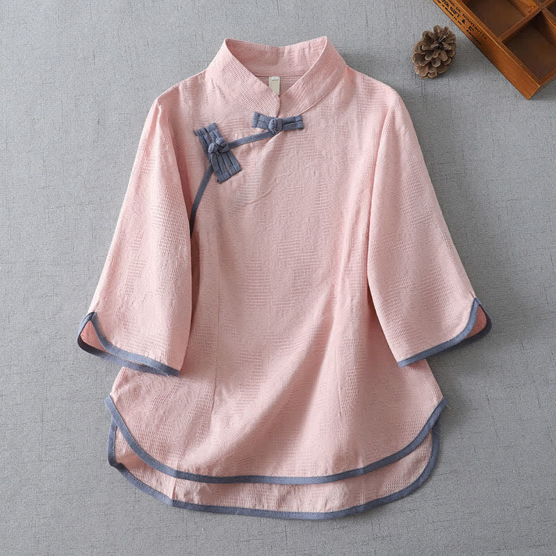Buddha Stones Summer Tang Style Minimalist Mandarin Collar Frog Button Solid Women's Short Sleeve Shirts - Pink - US12, UK/AU16, EU44 (3XL) - image 1