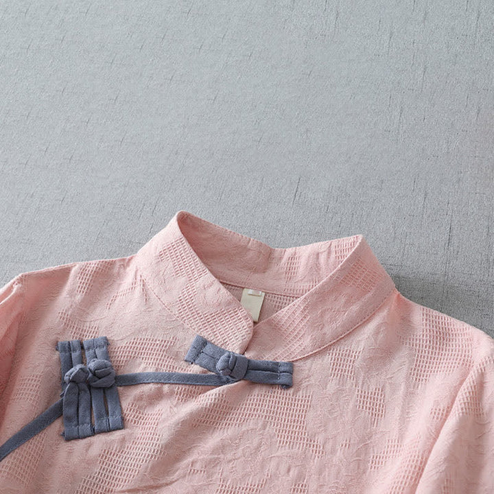 Buddha Stones Summer Tang Style Minimalist Mandarin Collar Frog Button Solid Women's Short Sleeve Shirts - image 2
