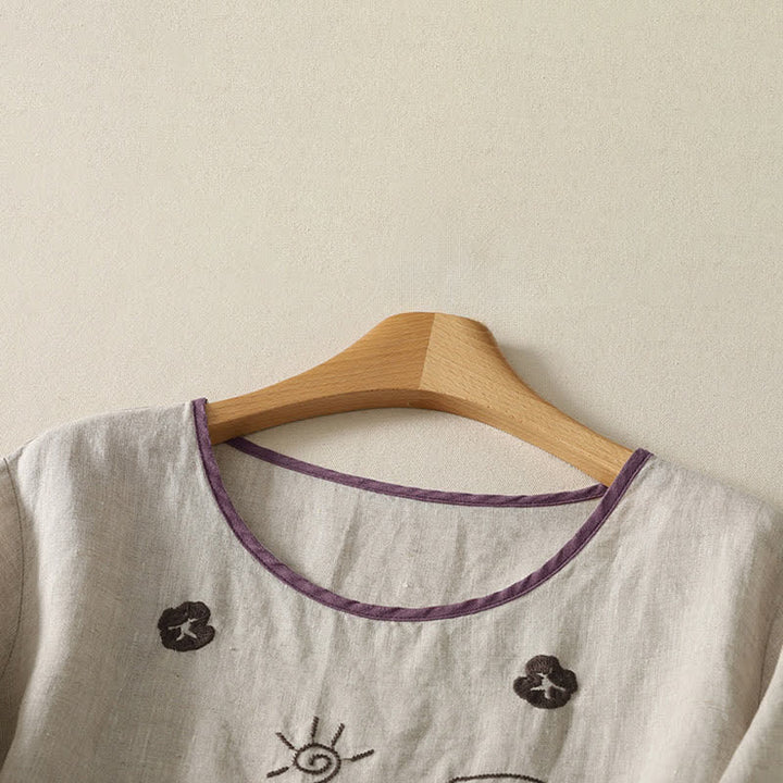 Buddha Stones Summer Casual Vintage Abstract Sun Flowers Character Embroidery Women's Short Sleeve T-Shirts - image 7