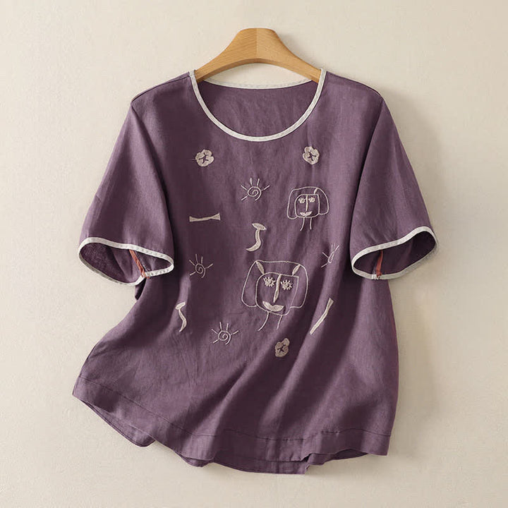Buddha Stones Summer Casual Vintage Abstract Sun Flowers Character Embroidery Women's Short Sleeve T-Shirts - Purple - US8-10, UK/AU12-14, EU40-42 (2XL) - image 0