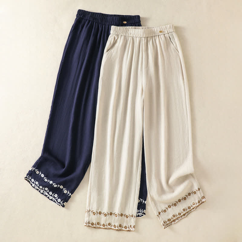 Buddha Stones Summer Casual Vintage Embroidery Floral Cropped Pants Women's Straight Leg Pants With Pocket - image 0