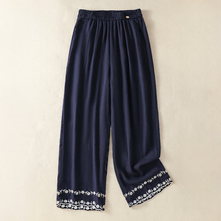 Buddha Stones Summer Casual Vintage Embroidery Floral Cropped Pants Women's Straight Leg Pants With Pocket - Navy - US8-10, UK/AU12-14, EU40-42 (2XL) - image 1