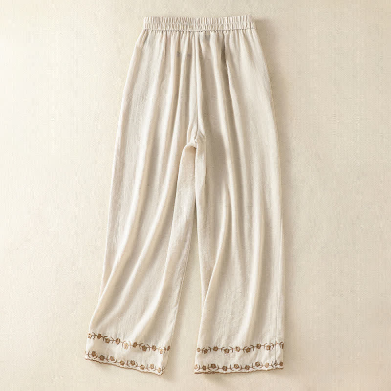 Buddha Stones Summer Casual Vintage Embroidery Floral Cropped Pants Women's Straight Leg Pants With Pocket - image 8