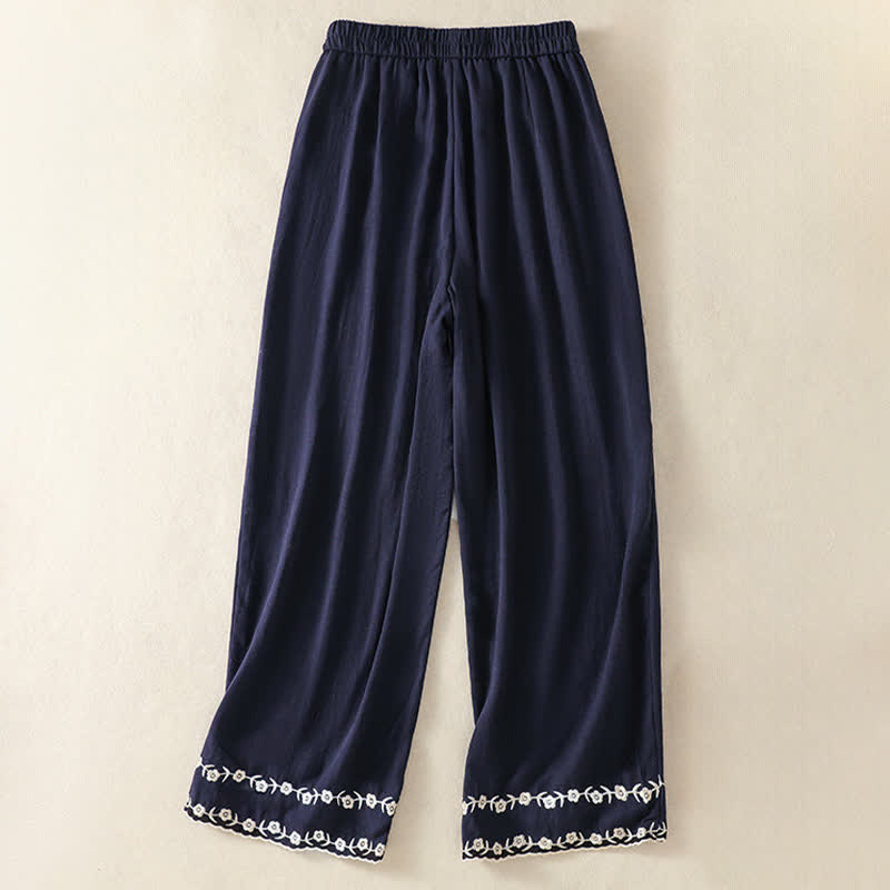 Buddha Stones Summer Casual Vintage Embroidery Floral Cropped Pants Women's Straight Leg Pants With Pocket - image 2