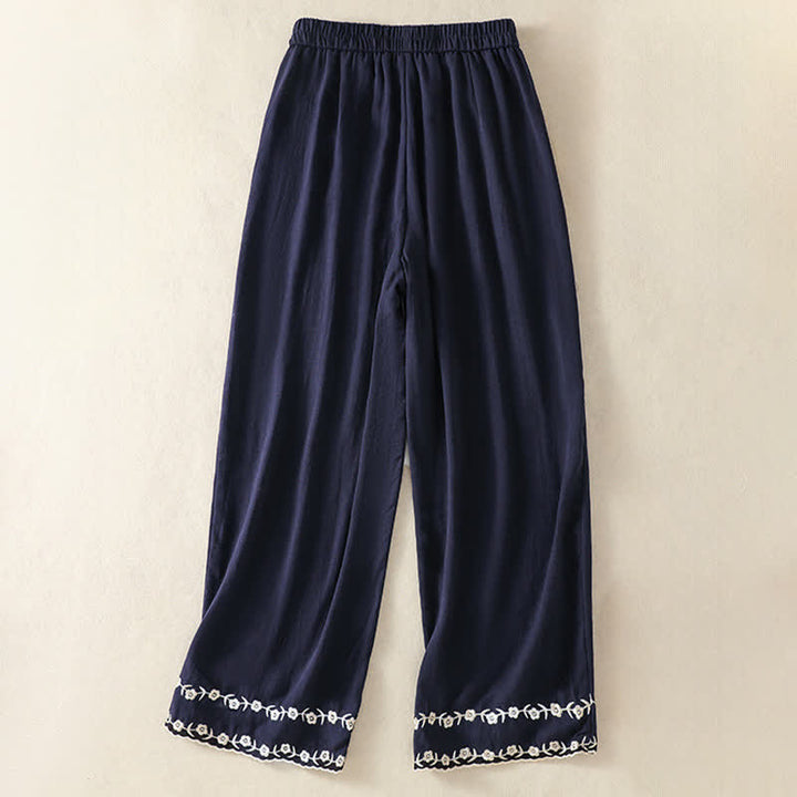 Buddha Stones Summer Casual Vintage Embroidery Floral Cropped Pants Women's Straight Leg Pants With Pocket - image 2