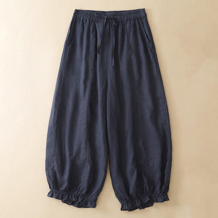 Buddha Stones Summer Casual Drawstring Solid Ruffle Hem Cropped Pants Women's Harem Pants With Pocket - Navy - US8-10, UK/AU12-14, EU40-42 (2XL) - image 0