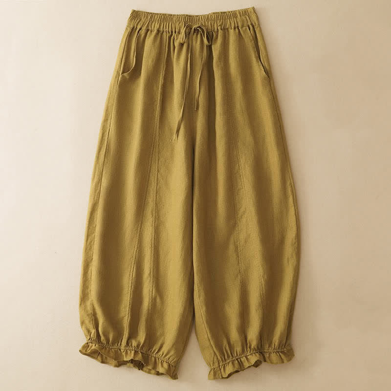 Buddha Stones Summer Casual Drawstring Solid Ruffle Hem Cropped Pants Women's Harem Pants With Pocket - DarkKhaki - US8-10, UK/AU12-14, EU40-42 (2XL) - image 6