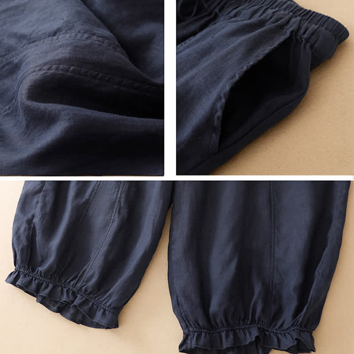 Buddha Stones Summer Casual Drawstring Solid Ruffle Hem Cropped Pants Women's Harem Pants With Pocket - image 2