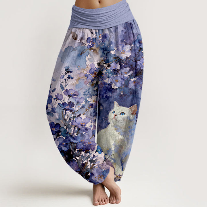 Buddha Stones Pure Cotton Floral White Cat Pattern Women's Elastic Waist Harem Pants - MediumPurple - US16，UK/AU20，EU48 (3XL) - image 8