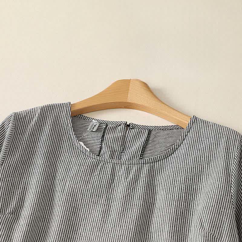 Buddha Stones Summer Casual Simple Side Slit Striped Women's Short Sleeve Dresses With Pocket - image 10