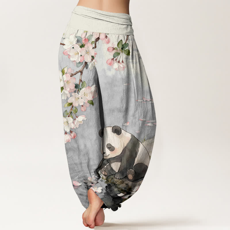 Buddha Stones Pure Cotton Cherry Blossom Panda Pattern Women's Elastic Waist Harem Pants - image 6