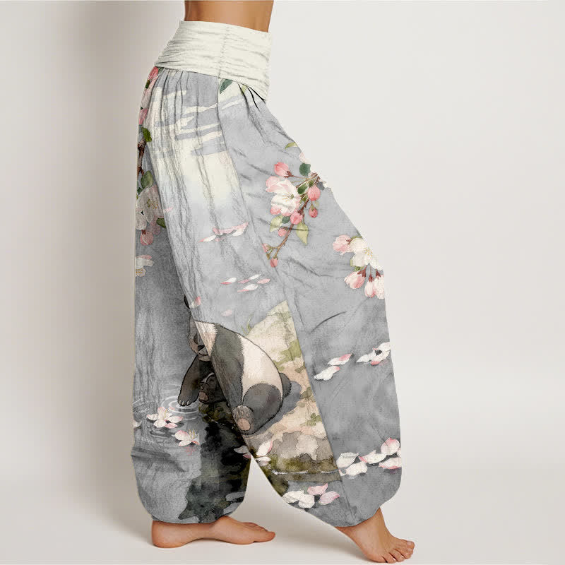 Buddha Stones Pure Cotton Cherry Blossom Panda Pattern Women's Elastic Waist Harem Pants - image 7