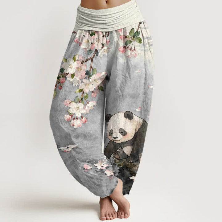 Buddha Stones Pure Cotton Cherry Blossom Panda Pattern Women's Elastic Waist Harem Pants - LightGray - US16，UK/AU20，EU48 (3XL) - image 5