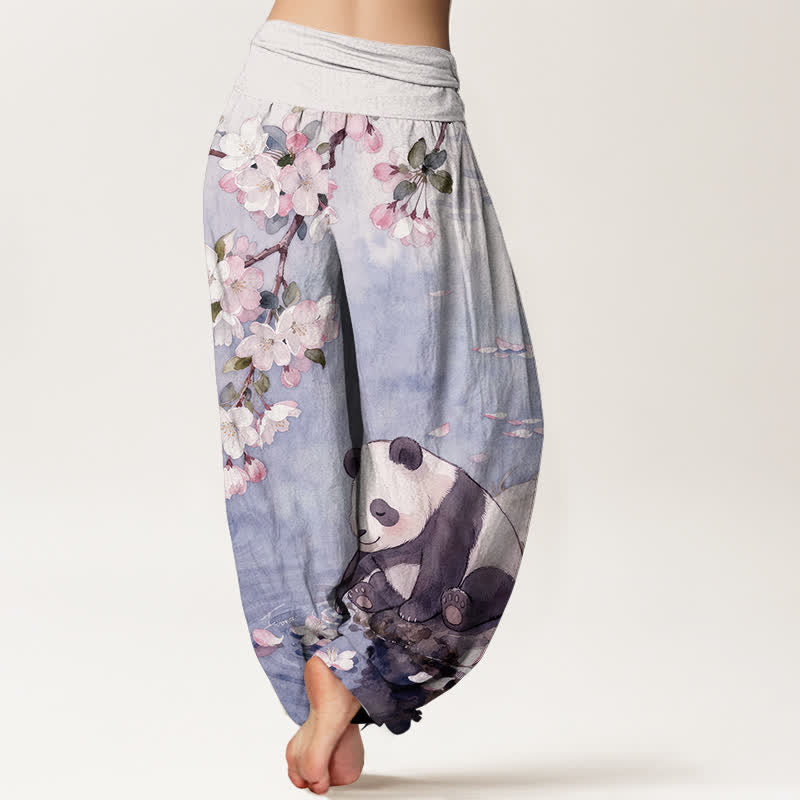 Buddha Stones Pure Cotton Cherry Blossom Panda Pattern Women's Elastic Waist Harem Pants - image 9