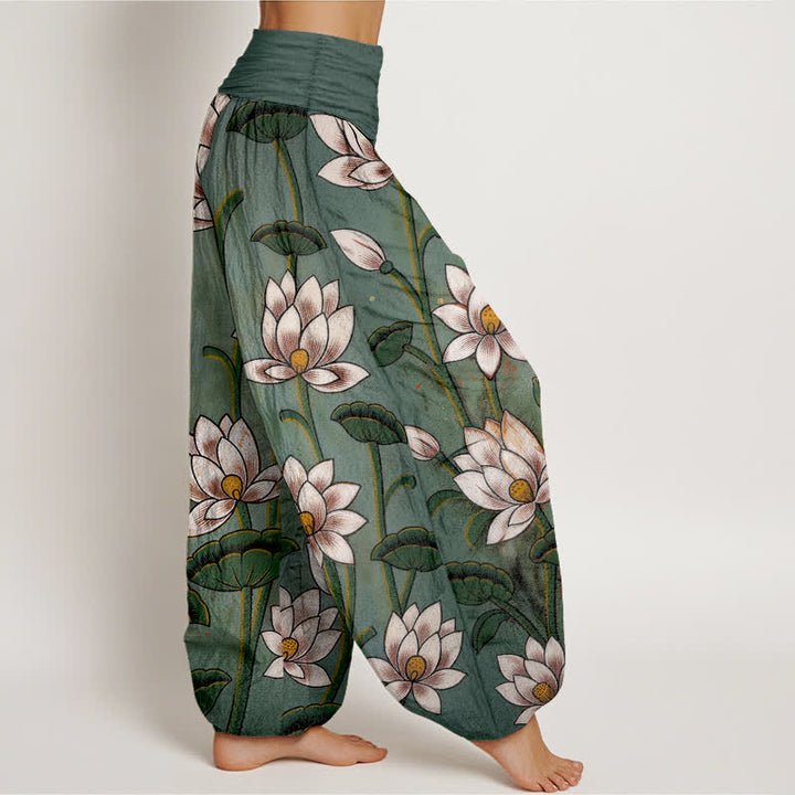 Buddha Stones Pure Cotton Lotus Bloom Pattern Women's Elastic Waist Harem Pants - image 1