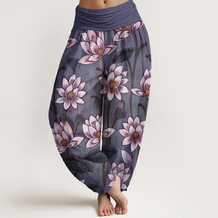 Buddha Stones Pure Cotton Lotus Bloom Pattern Women's Elastic Waist Harem Pants - DarkOrchid - US16，UK/AU20，EU48 (3XL) - image 8