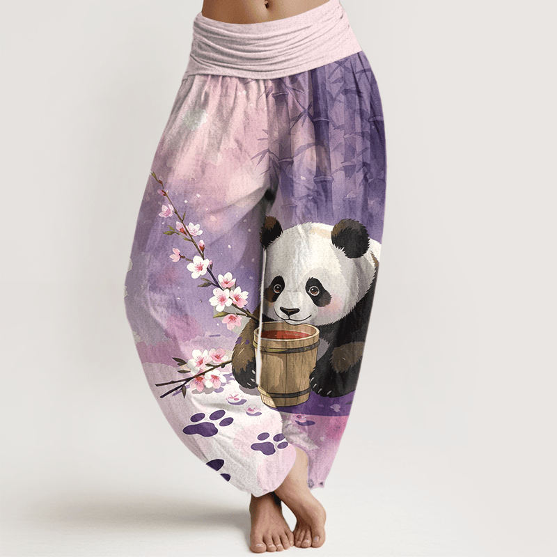 Buddha Stones Pure Cotton Panda Bamboo Blossom Pattern Women's Elastic Waist Harem Pants - Plum - US16，UK/AU20，EU48 (3XL) - image 8