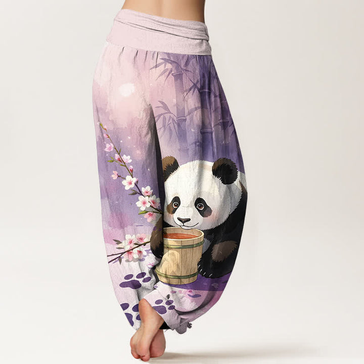 Buddha Stones Pure Cotton Panda Bamboo Blossom Pattern Women's Elastic Waist Harem Pants - image 9