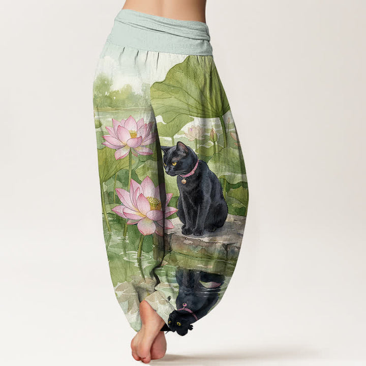 Buddha Stones Pure Cotton Lotus Black Cat Pattern Women's Elastic Waist Harem Pants - image 6