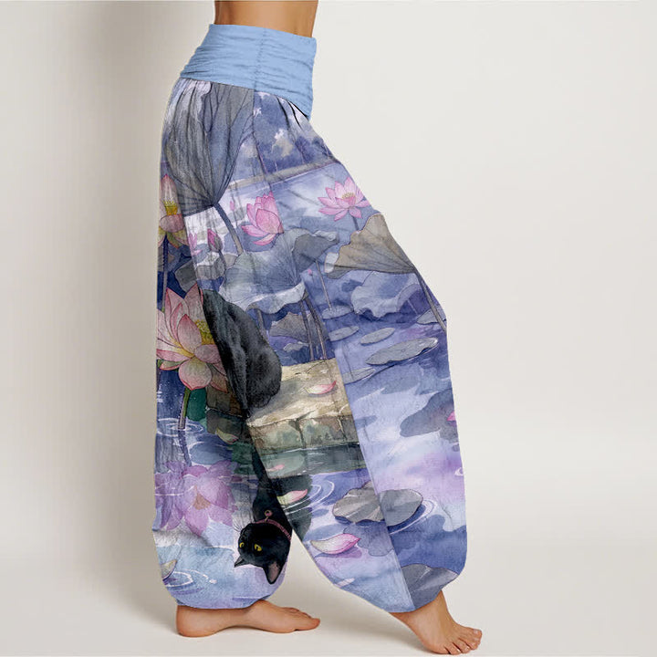 Buddha Stones Pure Cotton Lotus Black Cat Pattern Women's Elastic Waist Harem Pants - image 10