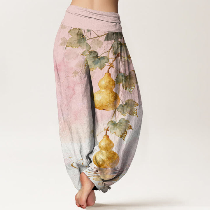 Buddha Stones Cotton Golden Gourd Leaf Pattern Women's Elastic Waist Harem Pants - image 1