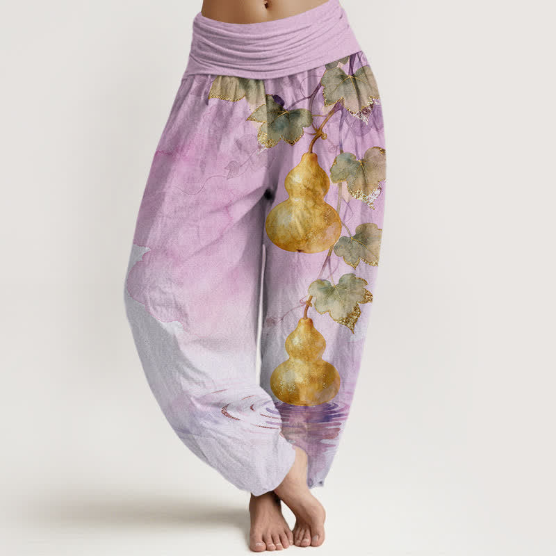 Buddha Stones Cotton Golden Gourd Leaf Pattern Women's Elastic Waist Harem Pants - Plum - US16，UK/AU20，EU48 (3XL) - image 8