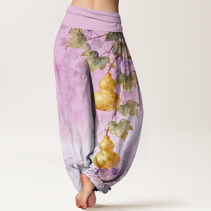Buddha Stones Cotton Golden Gourd Leaf Pattern Women's Elastic Waist Harem Pants - image 9
