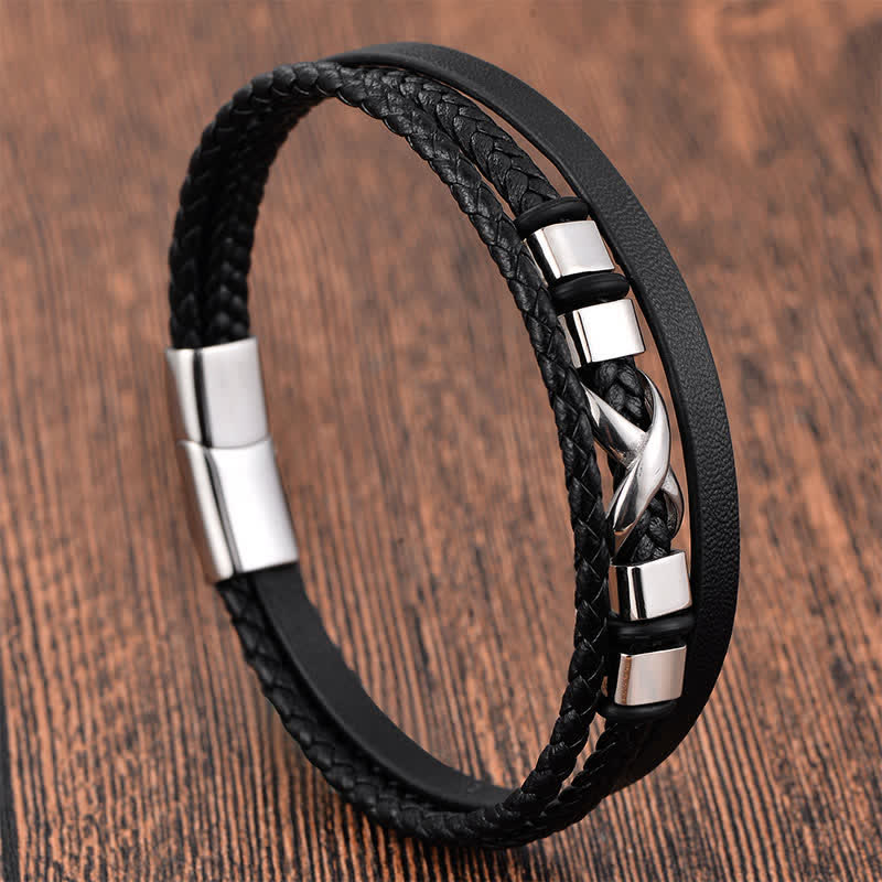 Buddha Stones Black Leather Titanium Steel Braided Strength Mens Bracelet - image 1