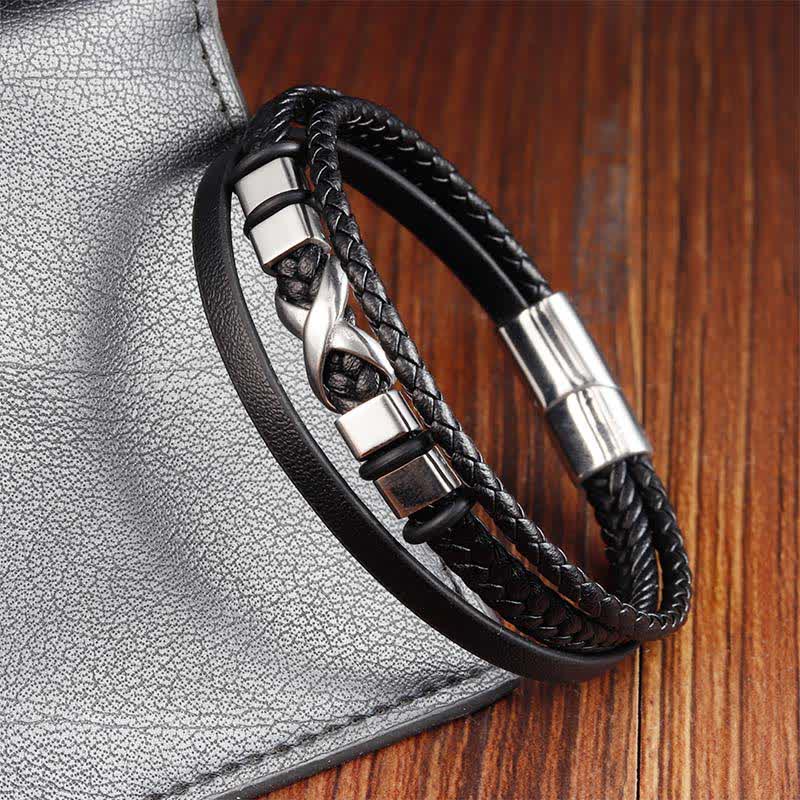 Buddha Stones Black Leather Titanium Steel Braided Strength Mens Bracelet - image 2