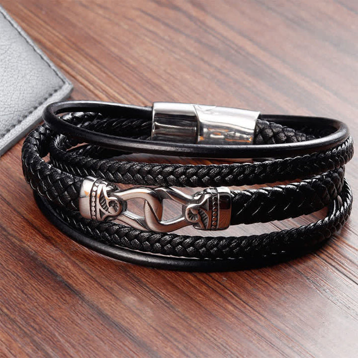 Buddha Stones Black Leather Braided Titanium Steel Durability Double Wrap Bracelet - image 4