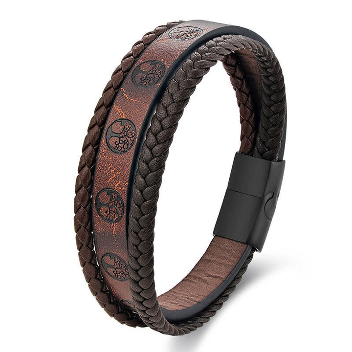 Buddha Stones Braided Leather Titanium Steel Tree Of Life Connection Wrap Bracelet - image 1