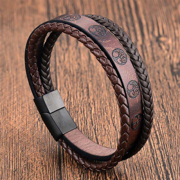 Buddha Stones Braided Leather Titanium Steel Tree Of Life Connection Wrap Bracelet - Multi Layer - image 0