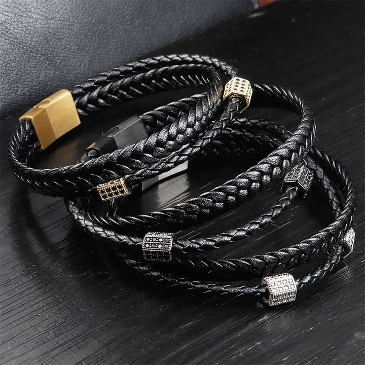 Buddha Stones Black Leather Hand-Woven Braided Titanium Steel Strength Multi-Wrap Bracelet - image 4
