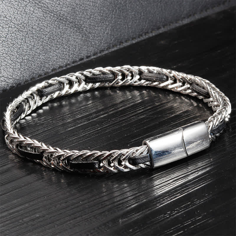 Buddha Stones Black Leather Braided Titanium Steel Double Layer Durability Bracelet - image 1